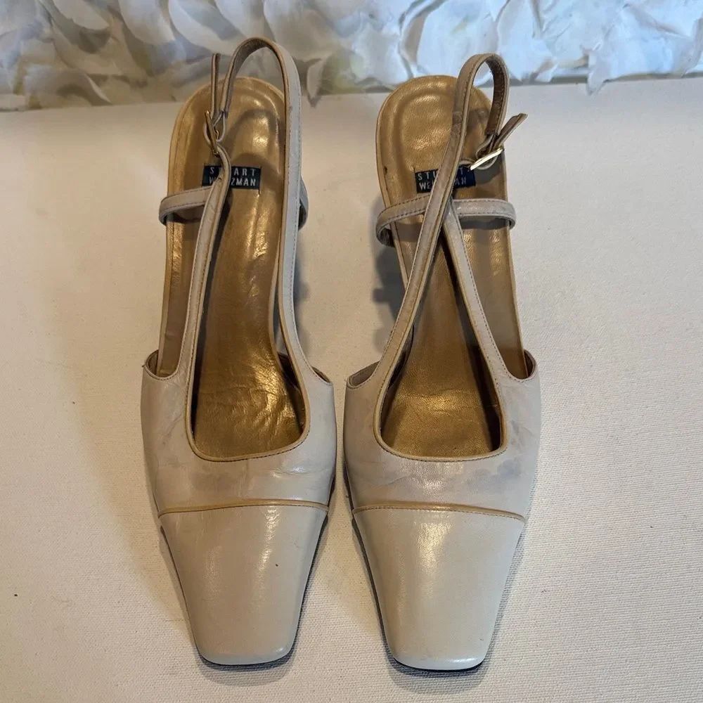 Stuart Weitzman Beige Square-Toe Slingback Pumps